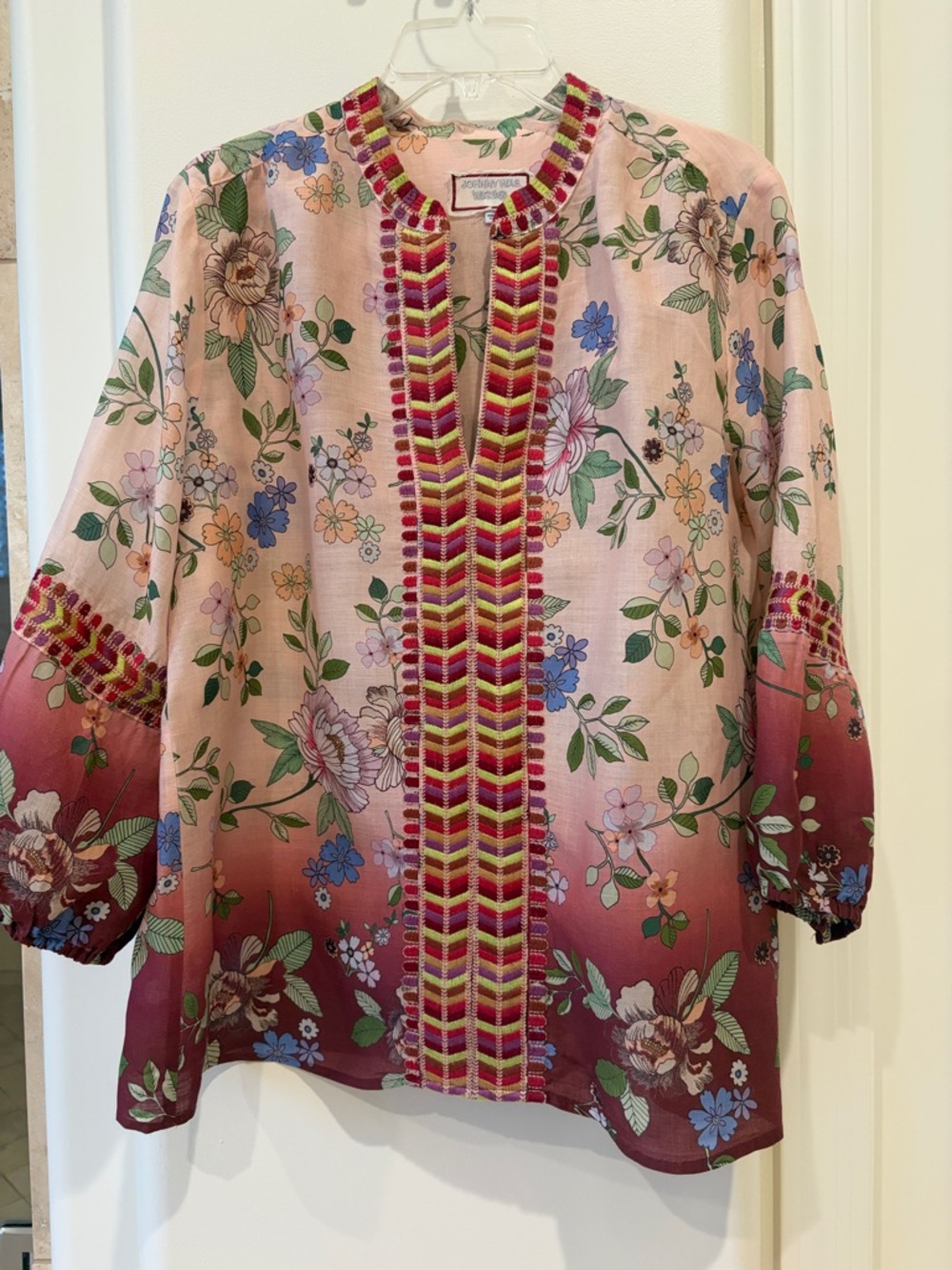 Johnny Was Floral Embroidered Pink Ombré Tunic Top